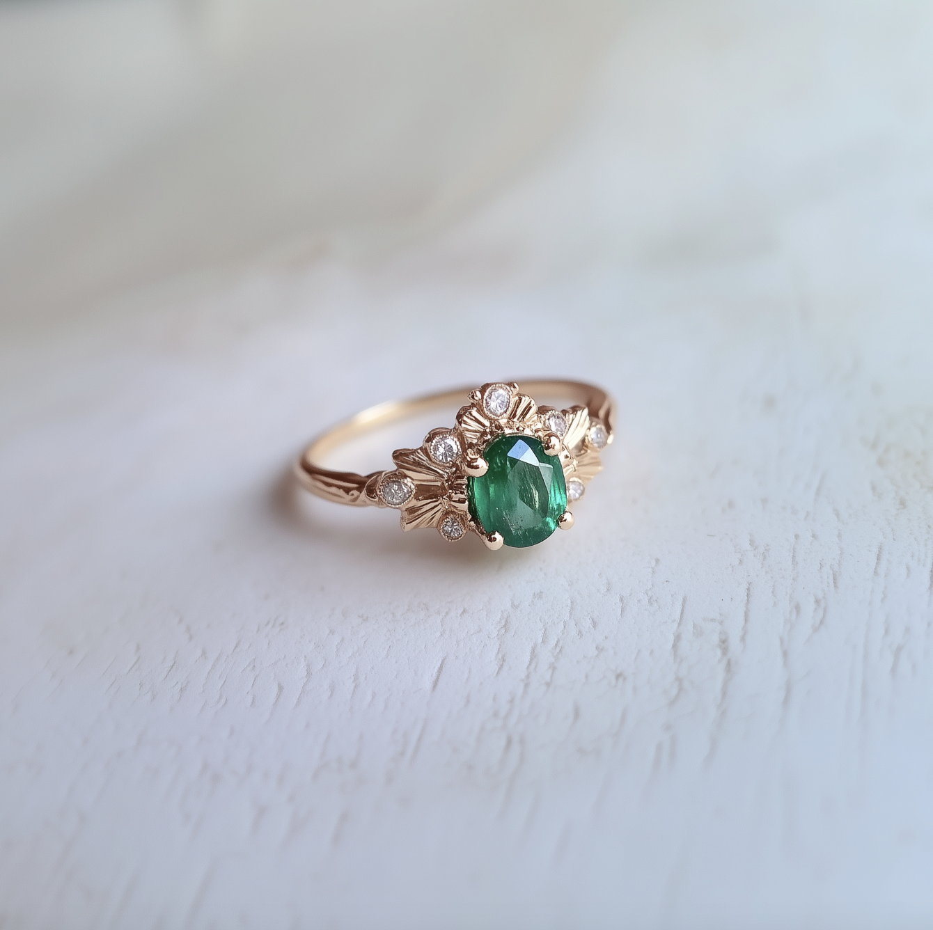 Isolde’s Willow | Vintage Oval Natural Emerald Engagement Ring.
