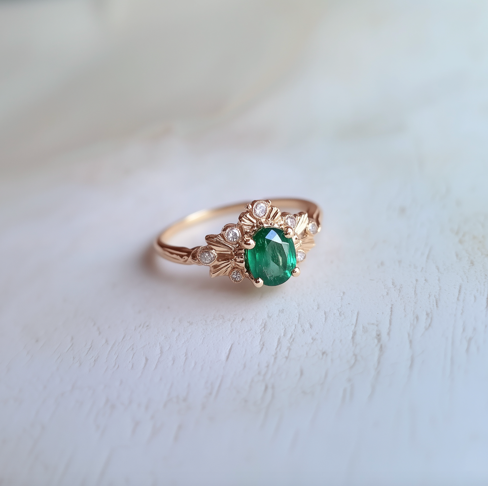 Isolde’s Willow | Vintage Oval Natural Emerald Engagement Ring.