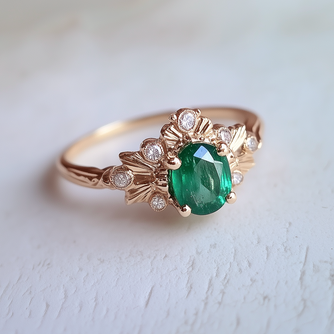 Isolde’s Willow | Vintage Oval Natural Emerald Engagement Ring.
