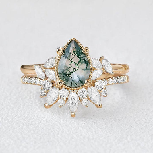 Pear Shaped Moss Agate Marquise Cluster Ring Set 2pcs.