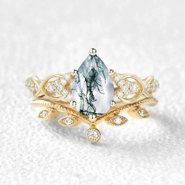 Pear Shaped Moss Agate Infinity Leafy Bridal Ring Set 2pcs.