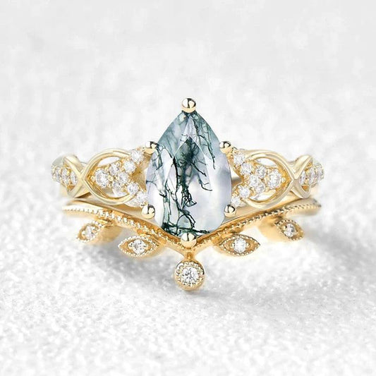 Pear Shaped Moss Agate Infinity Leafy Bridal Ring Set 2pcs.