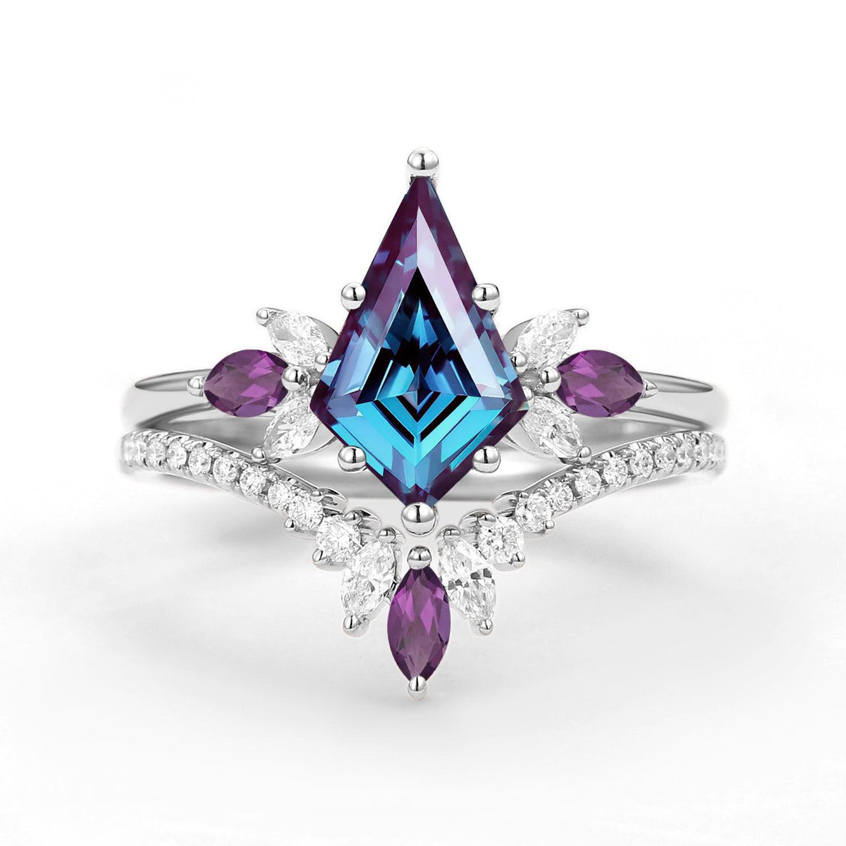 Butterfly Fairy - Unique Kite Cut Moss Agate & Amethyst Engagement Ring Set 2pcs.