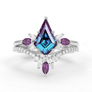 Butterfly Fairy - Unique Kite Cut Moss Agate & Amethyst Engagement Ring Set 2pcs.