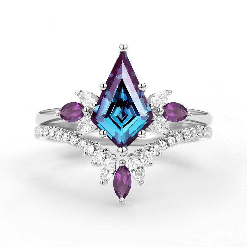 Butterfly Fairy - Unique Kite Cut Moss Agate & Amethyst Engagement Ring Set 2pcs.