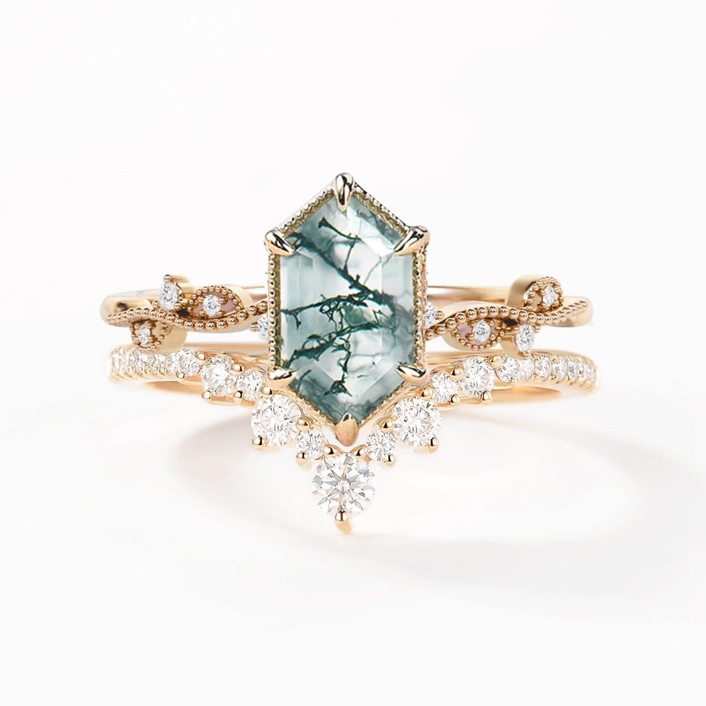 Forest Hexagon – Moss Agate Vintage Bridal Set 2pcs.