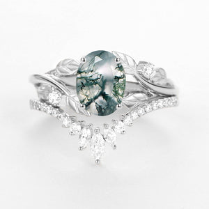Sylvie’s Canopy | Oval Cut Moss Agate Leafy Bridal Set 2pcs.