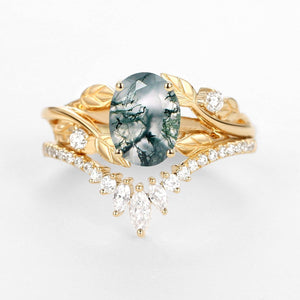 Sylvie’s Canopy | Oval Cut Moss Agate Leafy Bridal Set 2pcs.