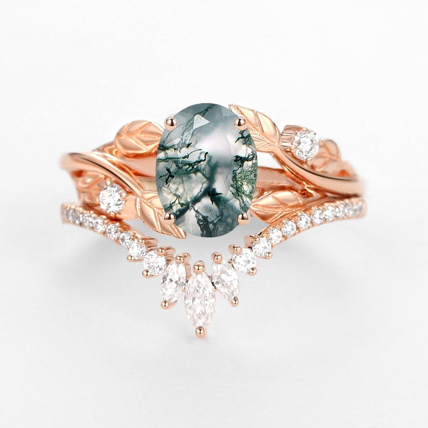Sylvie’s Canopy | Oval Cut Moss Agate Leafy Bridal Set 2pcs.