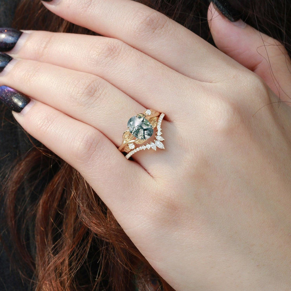Sylvie’s Canopy | Oval Cut Moss Agate Leafy Bridal Set 2pcs.