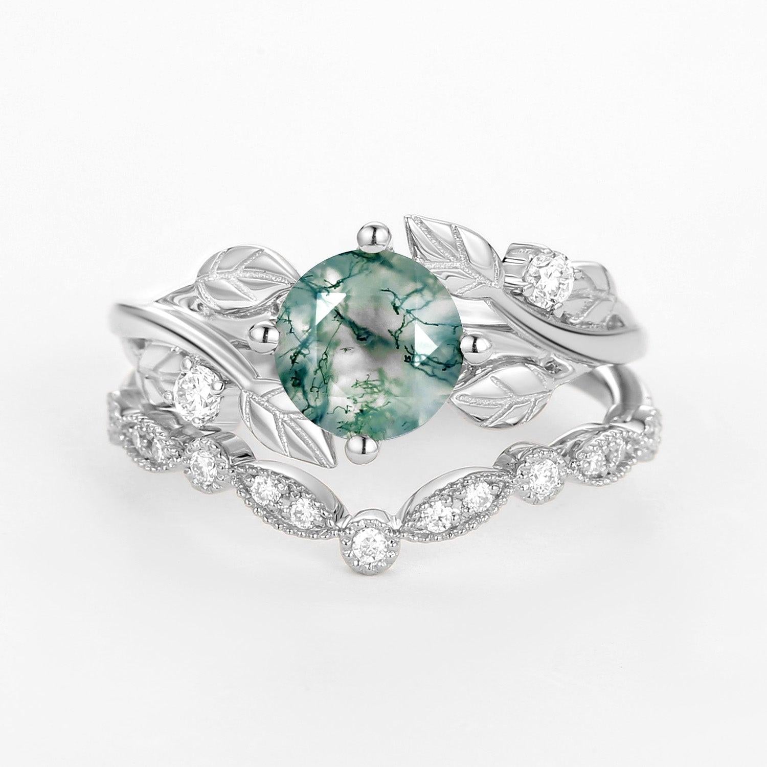 Round Cut Moss Agate Leafy Four Prongs Ring Set 2pcs.