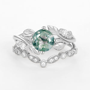 Round Cut Moss Agate Leafy Four Prongs Ring Set 2pcs.