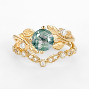 Round Cut Moss Agate Leafy Four Prongs Ring Set 2pcs.