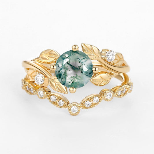 Round Cut Moss Agate Leafy Four Prongs Ring Set 2pcs.