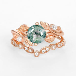 Round Cut Moss Agate Leafy Four Prongs Ring Set 2pcs.