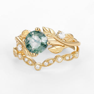 Round Cut Moss Agate Leafy Four Prongs Ring Set 2pcs.