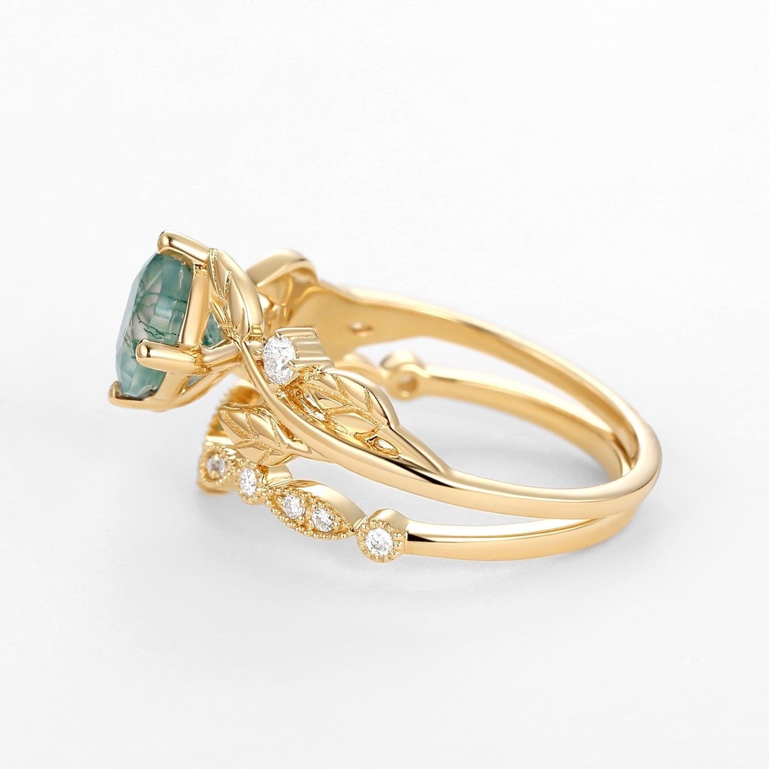 Round Cut Moss Agate Leafy Four Prongs Ring Set 2pcs.