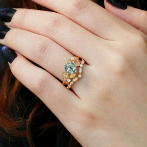 Round Cut Moss Agate Leafy Four Prongs Ring Set 2pcs.