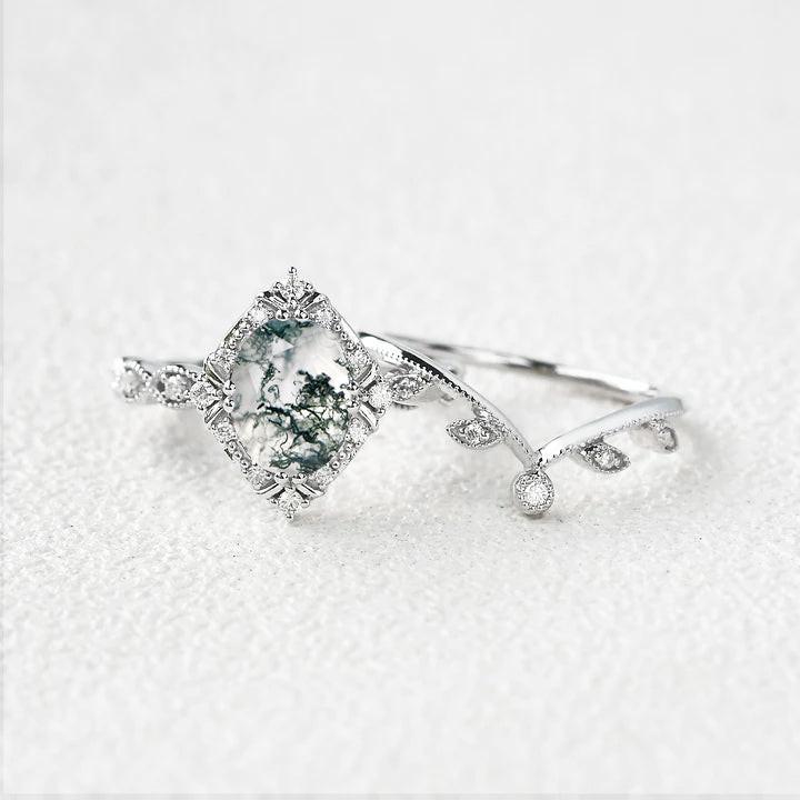 Oval Moss Agate & Moissanite Floral Ring Set 2pcs.