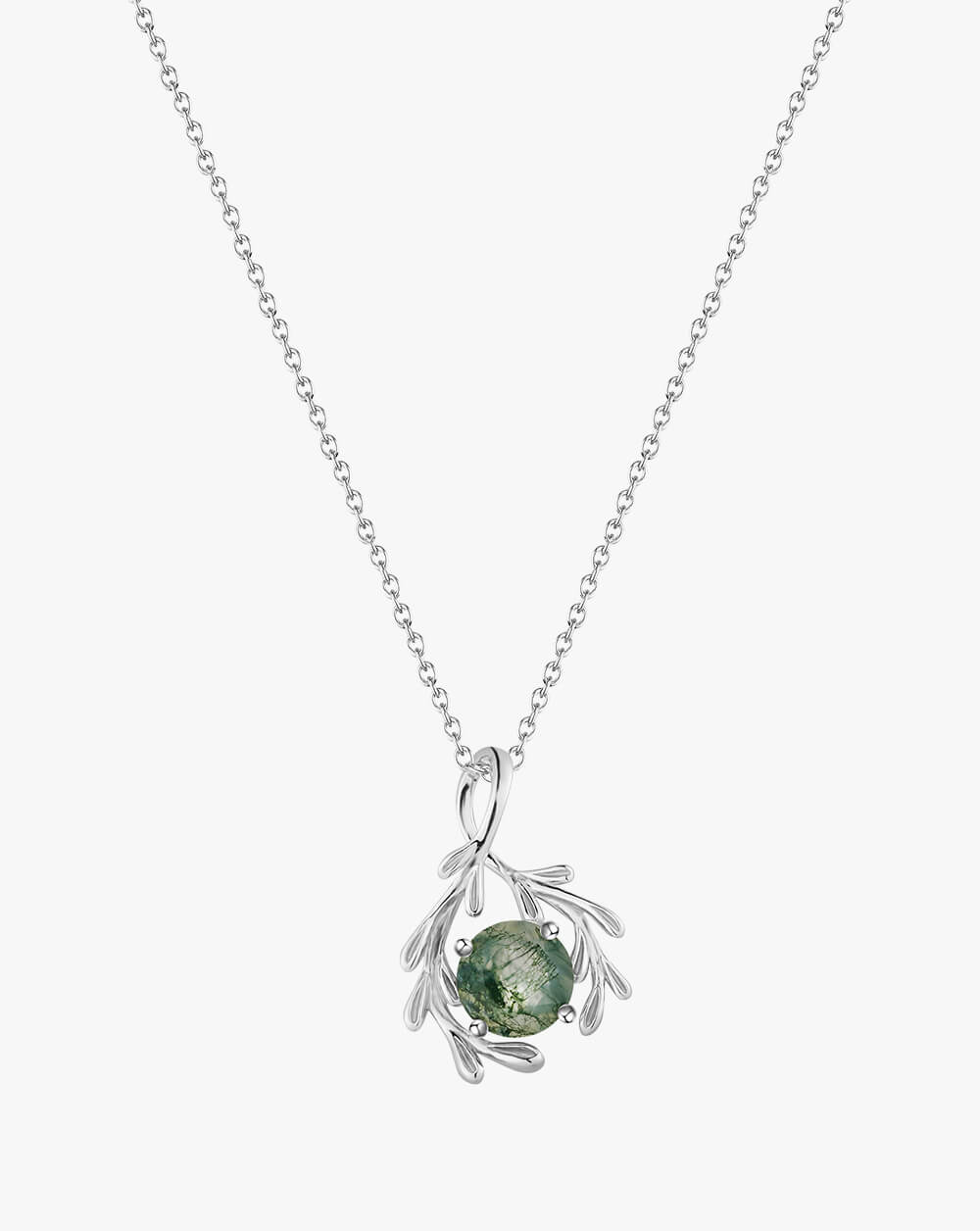 Round Natural Moss Agate Olive Branch Silver Charm Necklace