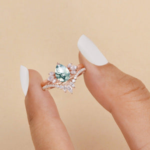 Fairy Ring - 1.5ct Pear Shaped Moss Agate Butterfly Cluster Ring Set 2pcs