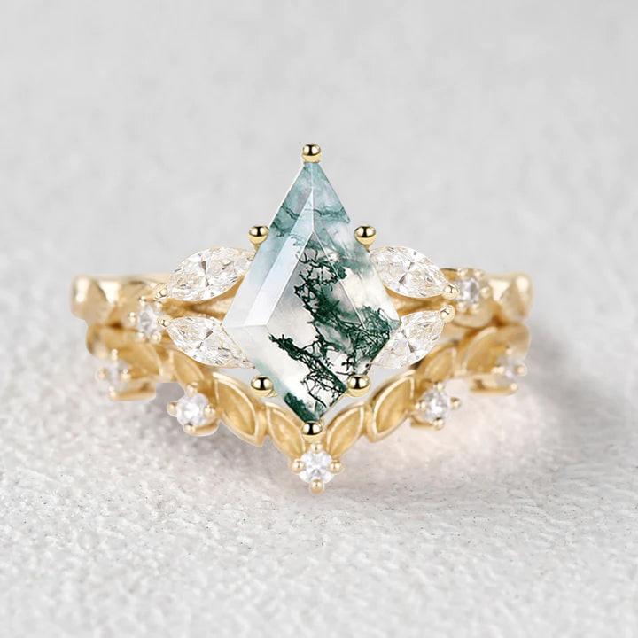 Nature Inspired - Kite Cut Moss Agate Leafy Engagement Ring Set 2pcs.