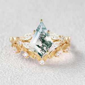Nature Inspired - Kite Cut Moss Agate Leafy Engagement Ring Set 2pcs.