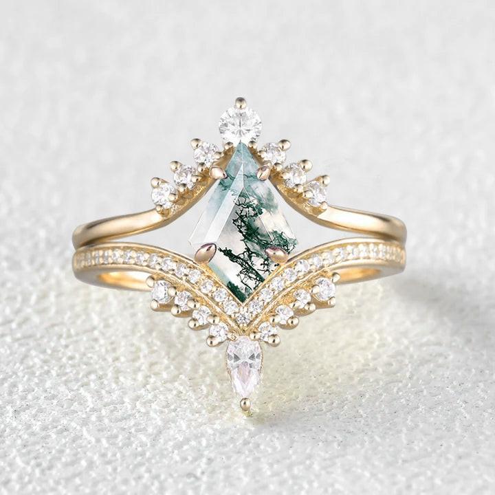 Kite Cut Moss Agate Deep V Chevron Engagement Ring Set 2pcs.