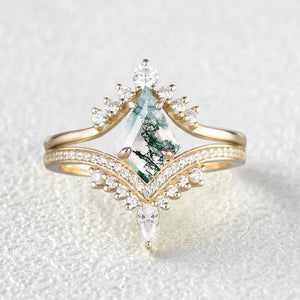 Kite Cut Moss Agate Deep V Chevron Engagement Ring Set 2pcs.