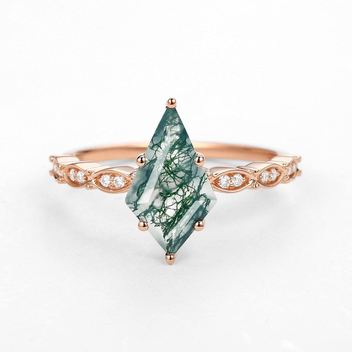 Kite Cut Moss Agate Rose Gold Ring.