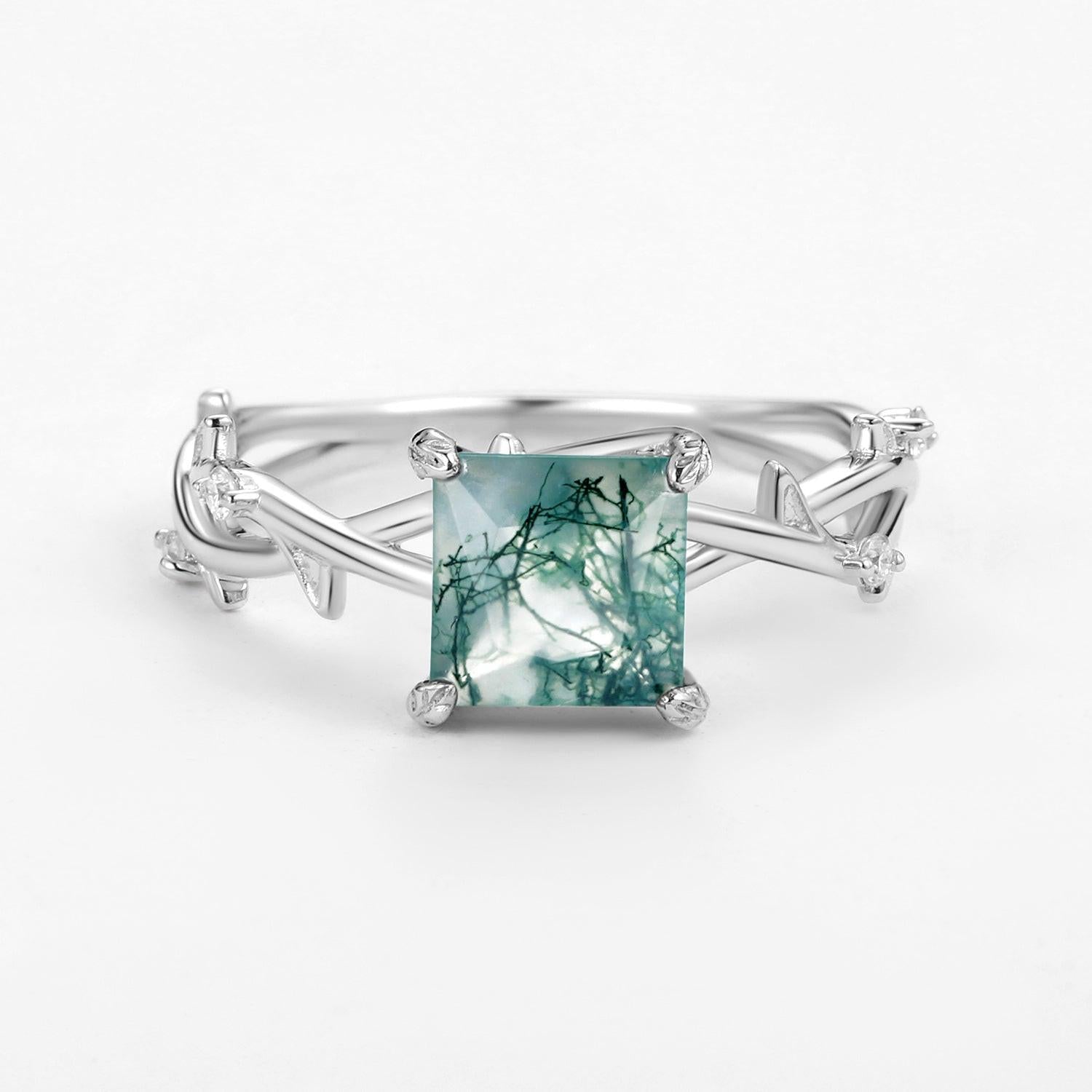 Nature Inspired Princess Cut Moss Agate Leafy Engagement Ring.