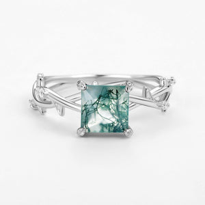 Nature Inspired Princess Cut Moss Agate Leafy Engagement Ring.