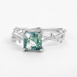 Nature Inspired Princess Cut Moss Agate Leafy Engagement Ring.