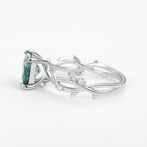 Nature Inspired Princess Cut Moss Agate Leafy Engagement Ring.