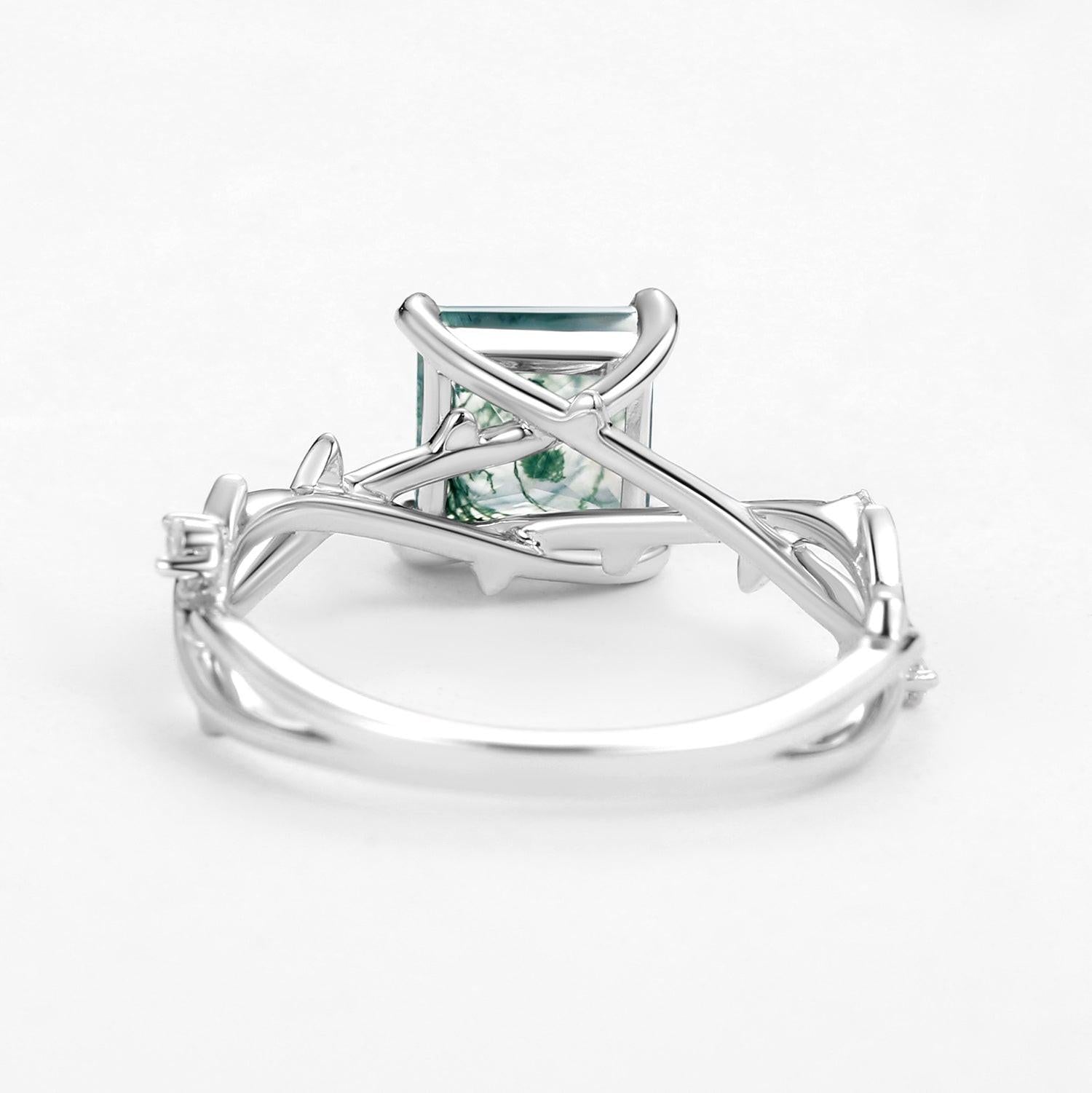 Nature Inspired Princess Cut Moss Agate Leafy Engagement Ring.