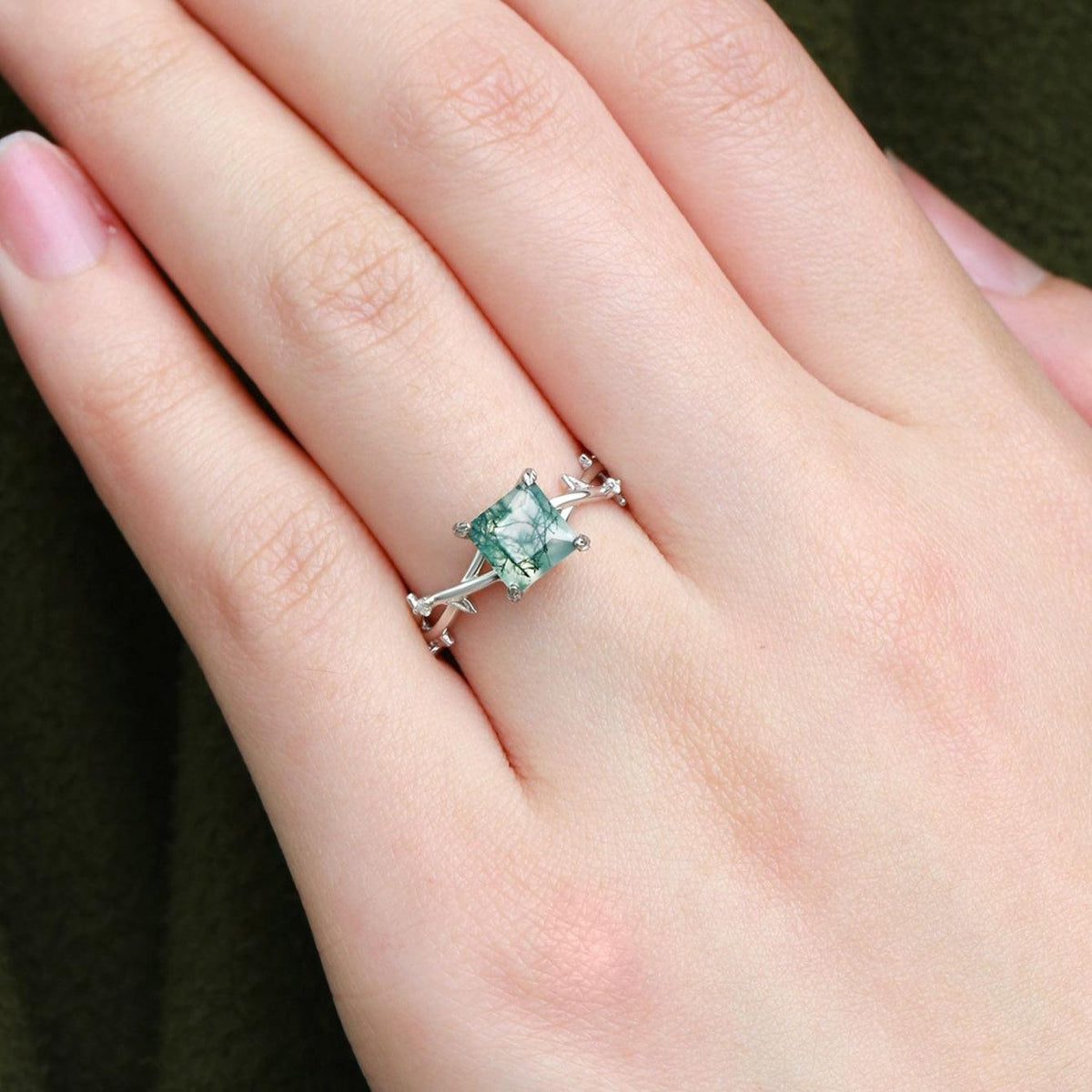 Nature Inspired Princess Cut Moss Agate Leafy Engagement Ring.