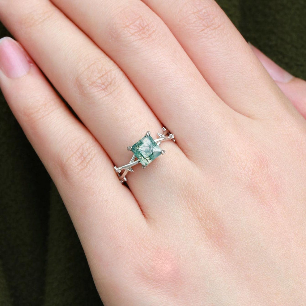 Nature Inspired Princess Cut Moss Agate Leafy Engagement Ring.
