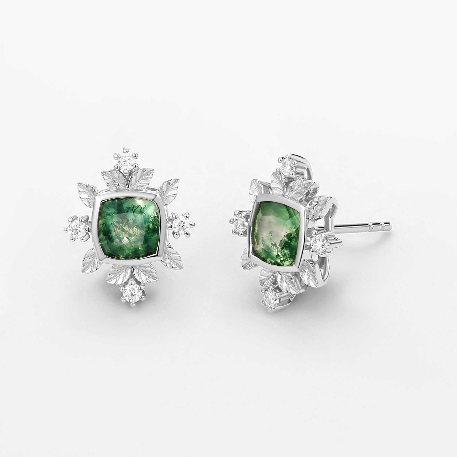 Cushion Cut Moss Agate & Moissanite Leafy Studs Set 2pcs.