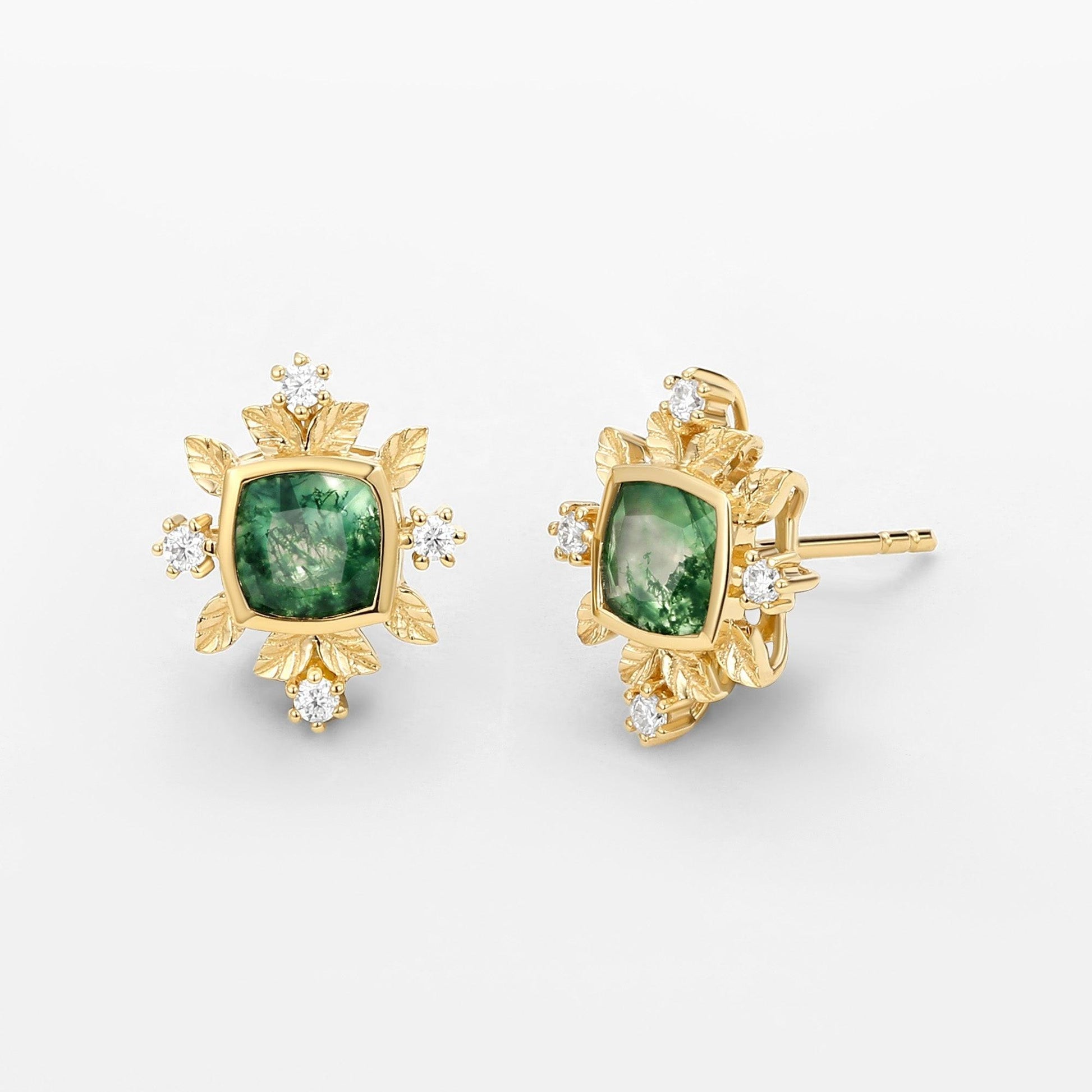 Cushion Cut Moss Agate & Moissanite Leafy Studs Set 2pcs.