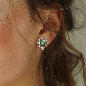 Cushion Cut Moss Agate & Moissanite Leafy Studs Set 2pcs.