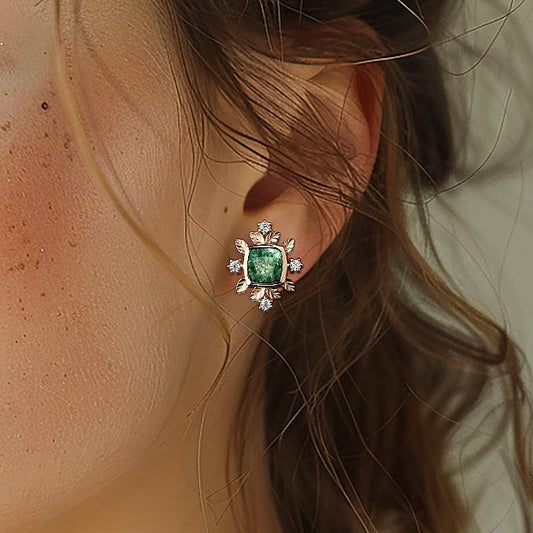 Cushion Cut Moss Agate & Moissanite Leafy Studs Set 2pcs.