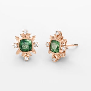 Cushion Cut Moss Agate & Moissanite Leafy Studs Set 2pcs.