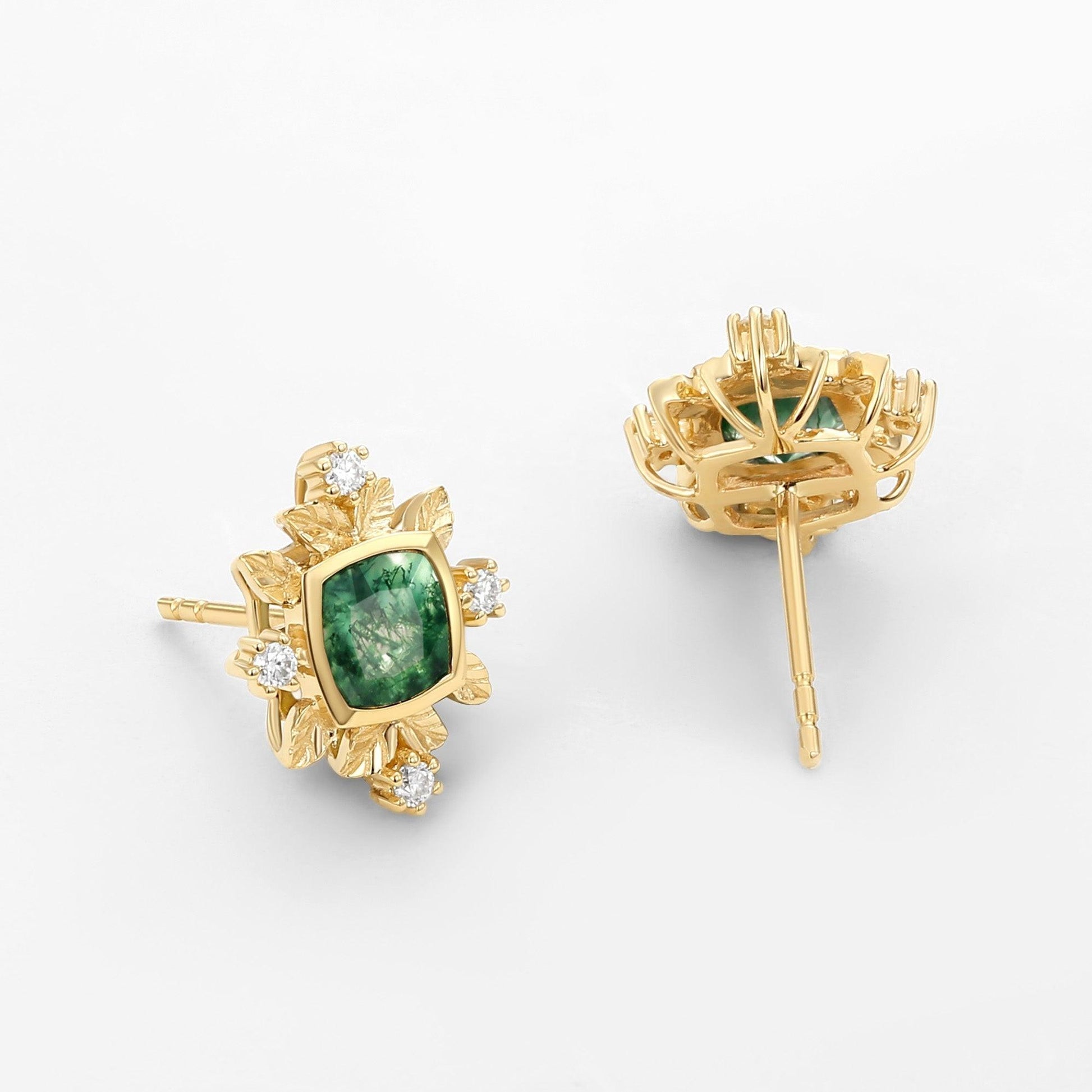 Cushion Cut Moss Agate & Moissanite Leafy Studs Set 2pcs.