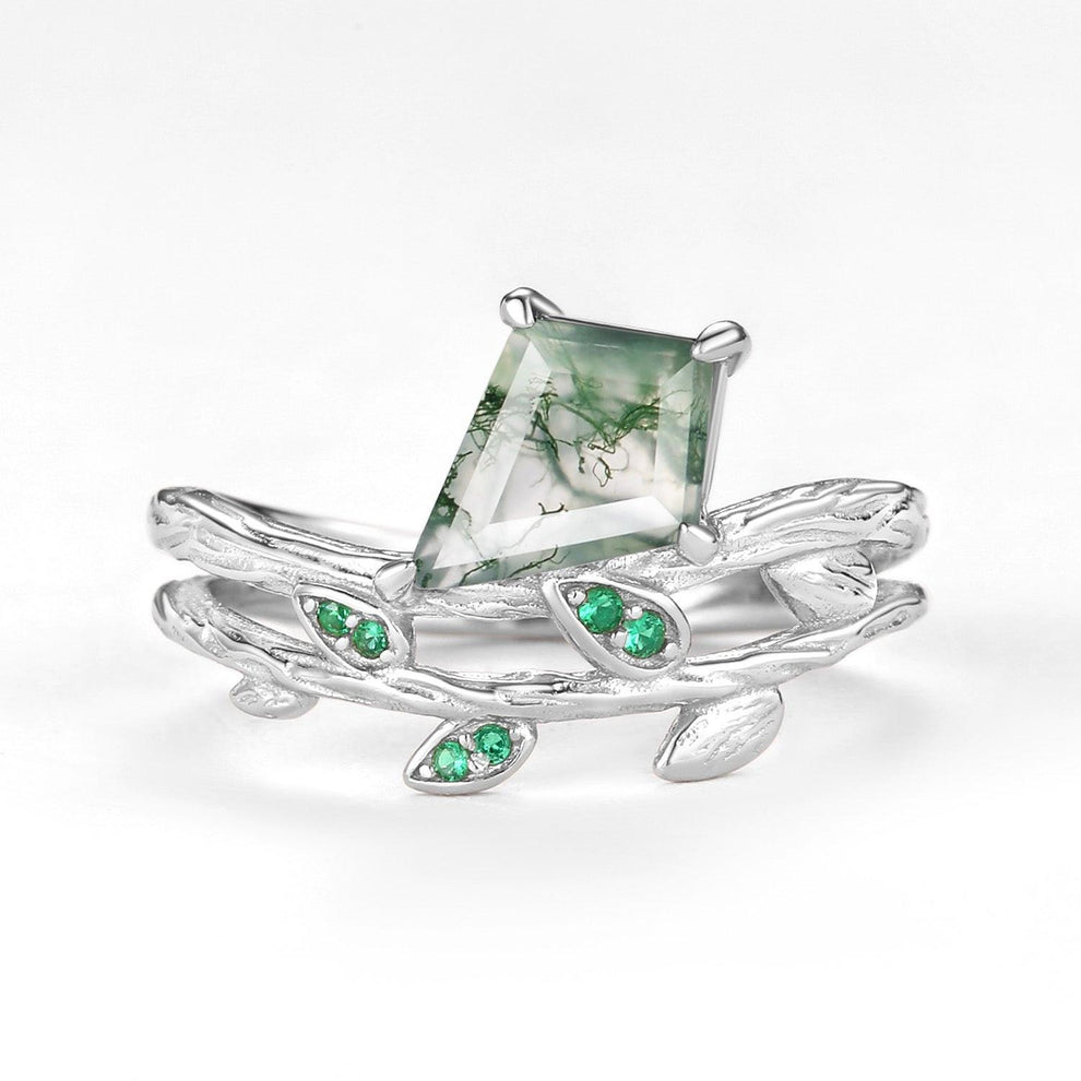 Kite Cut Moss Agate & Emerald Leafy  Unique Engagement Ring.