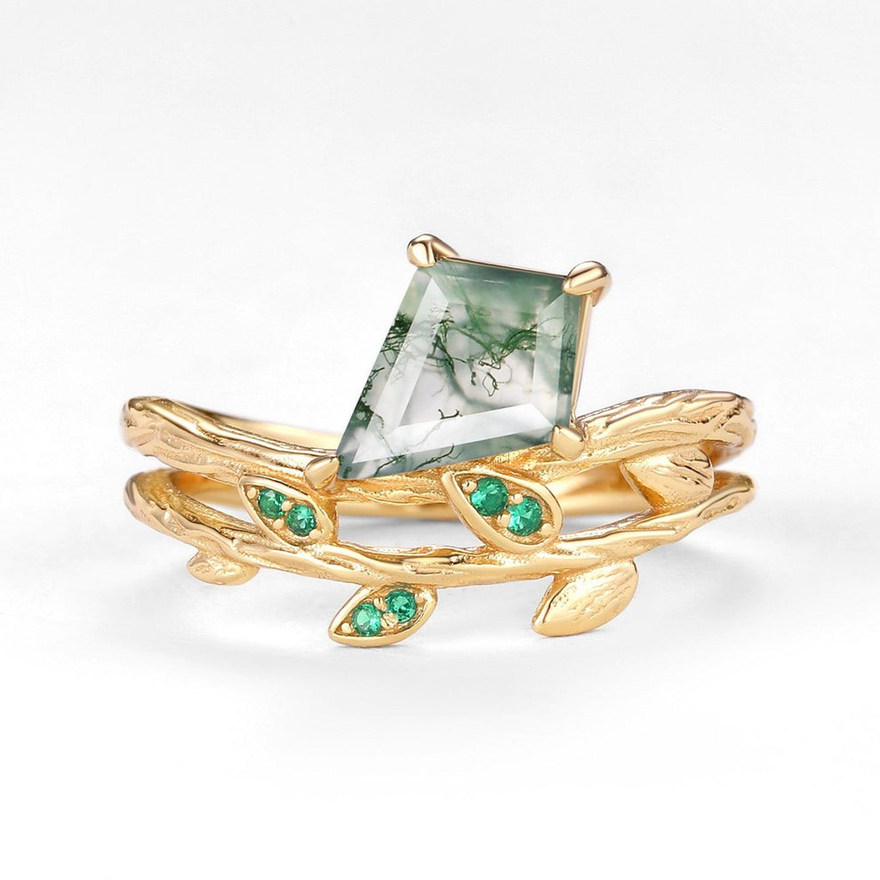 Kite Cut Moss Agate & Emerald Leafy  Unique Engagement Ring.