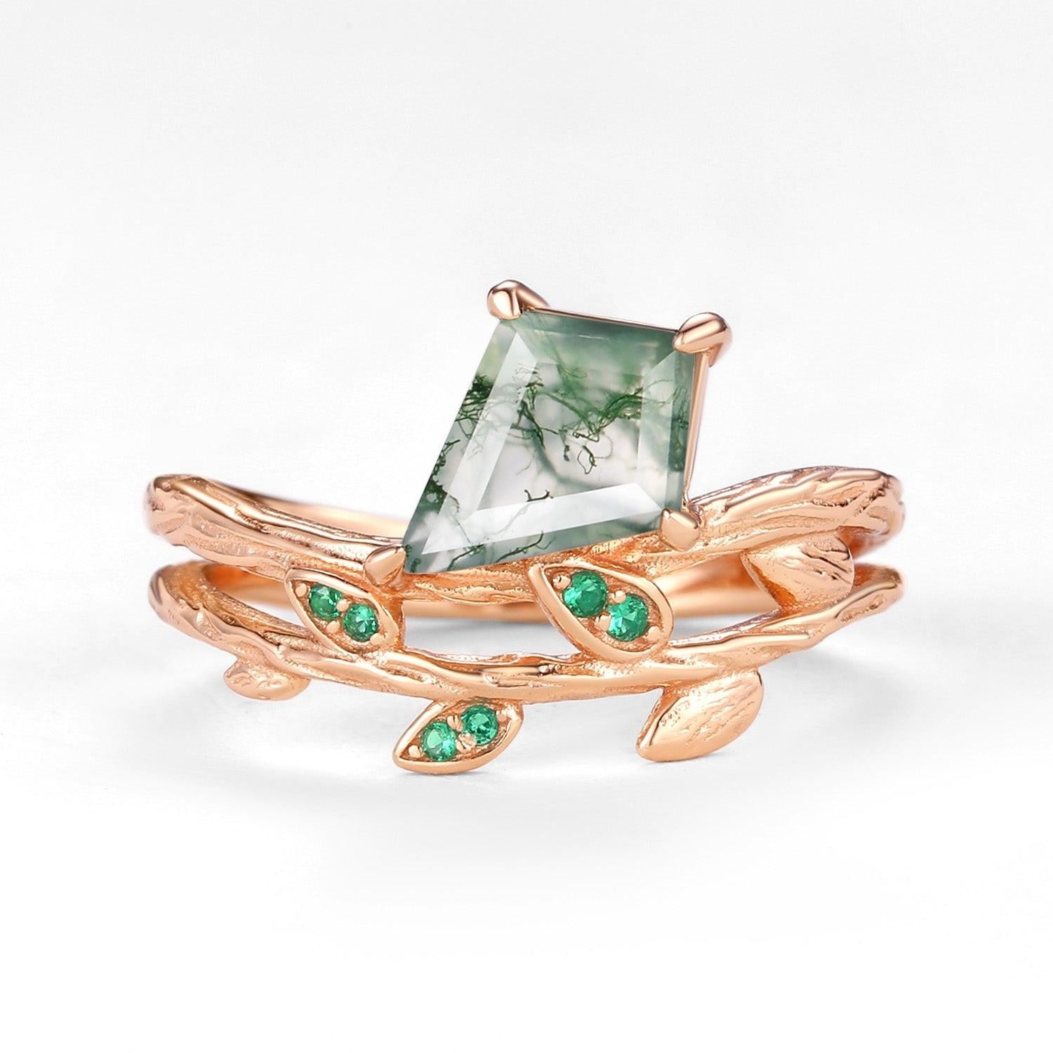 Kite Cut Moss Agate & Emerald Leafy  Unique Engagement Ring.