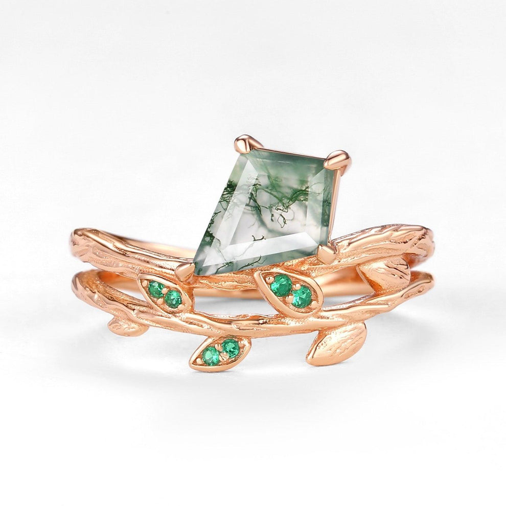 Kite Cut Moss Agate & Emerald Leafy  Unique Engagement Ring.