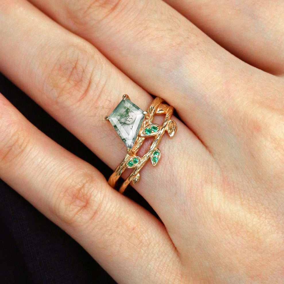 Kite Cut Moss Agate & Emerald Leafy  Unique Engagement Ring.
