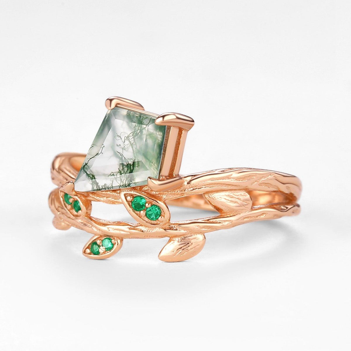 Kite Cut Moss Agate & Emerald Leafy  Unique Engagement Ring.