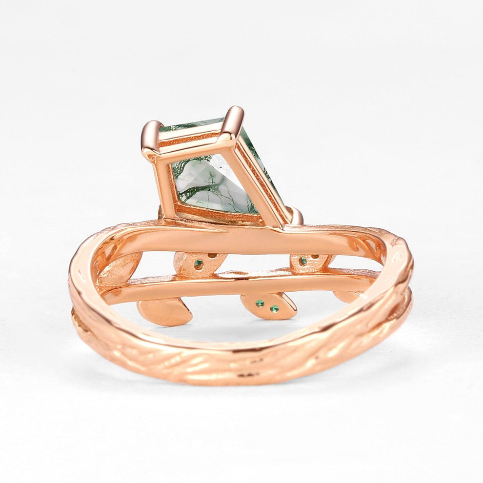 Kite Cut Moss Agate & Emerald Leafy  Unique Engagement Ring.